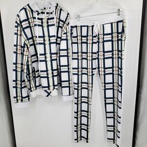 Stacy Adams Mens 3XL Tracksuit Plaid Hooded Zip Jacket and Pants Set White Navy